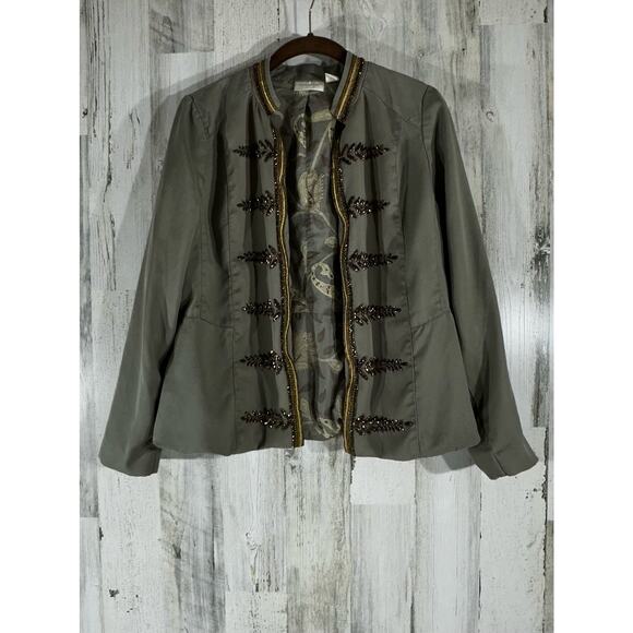 Chicos Embellished Military Jacket Size 0 Small Khaki Green Gold Bead Trim READ - Picture 1 of 13